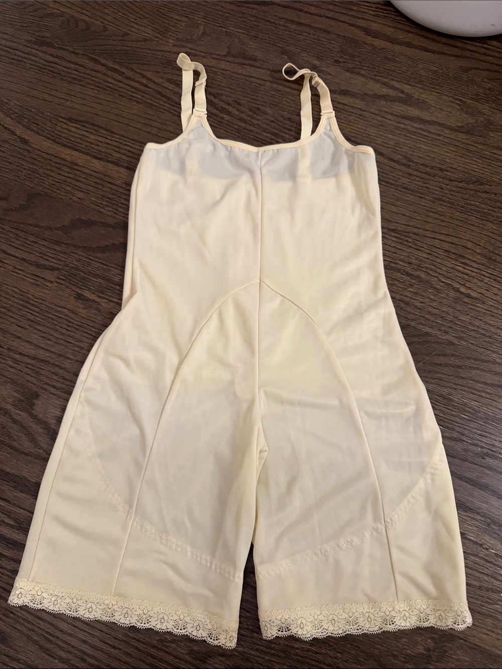 High-Back Cream Full-Length Shapewear Bodysuit with Lace Hem